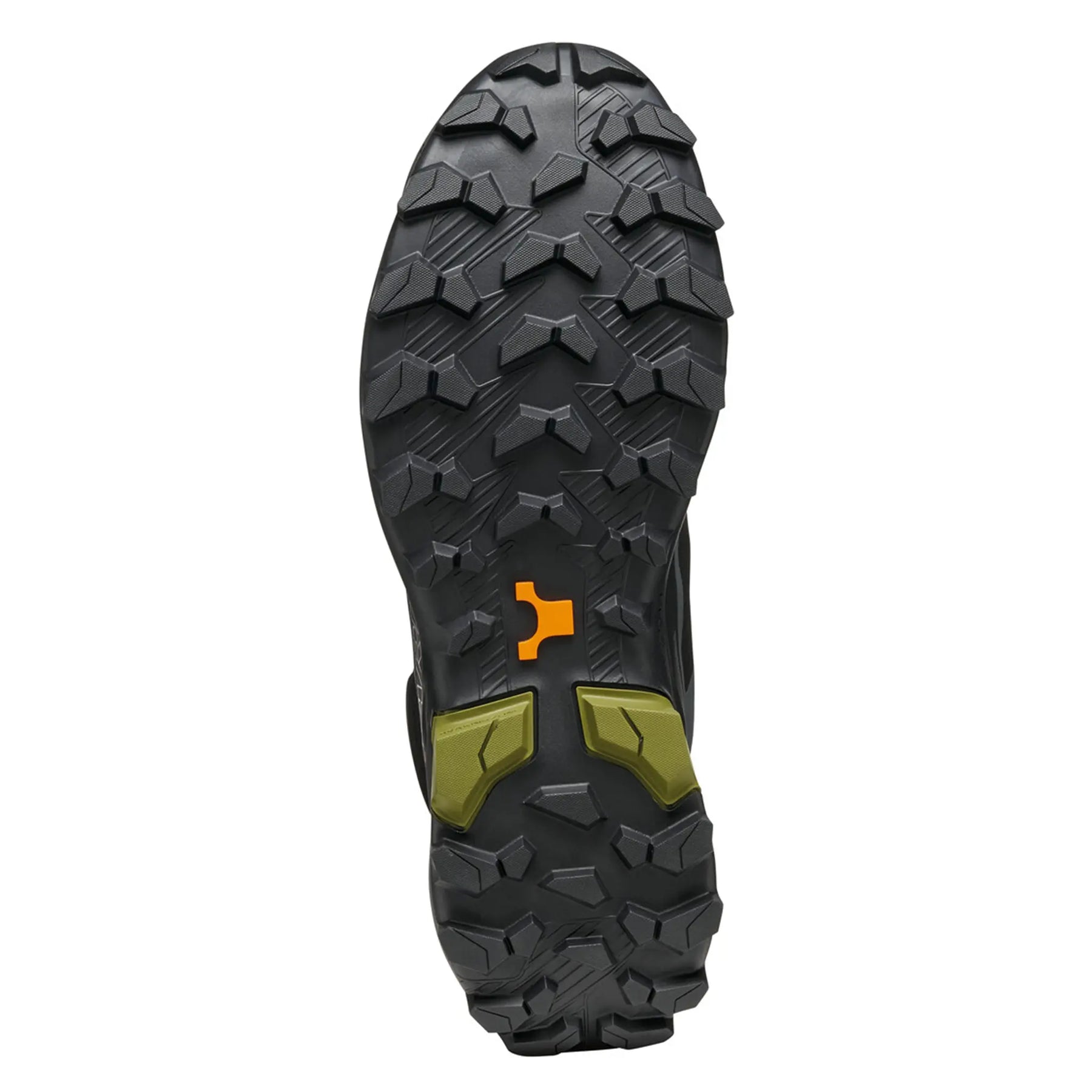Close-up of a black hiking boot sole with tread pattern on a white background
