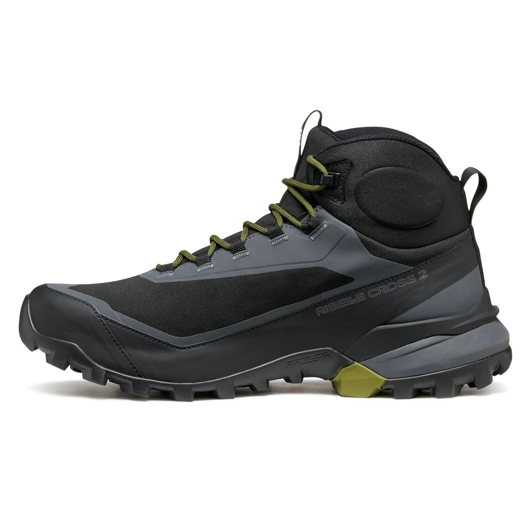 Black and gray hiking boot with green accents on a white background