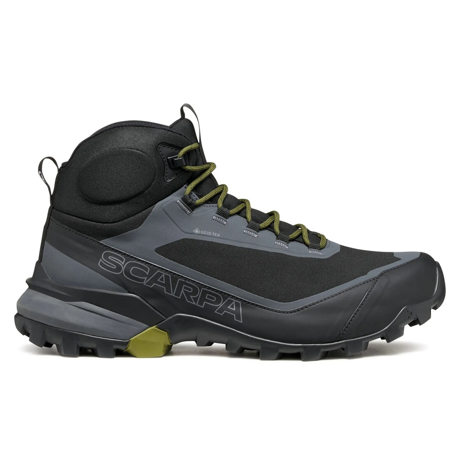 Black and gray hiking boot with green accents on a white background