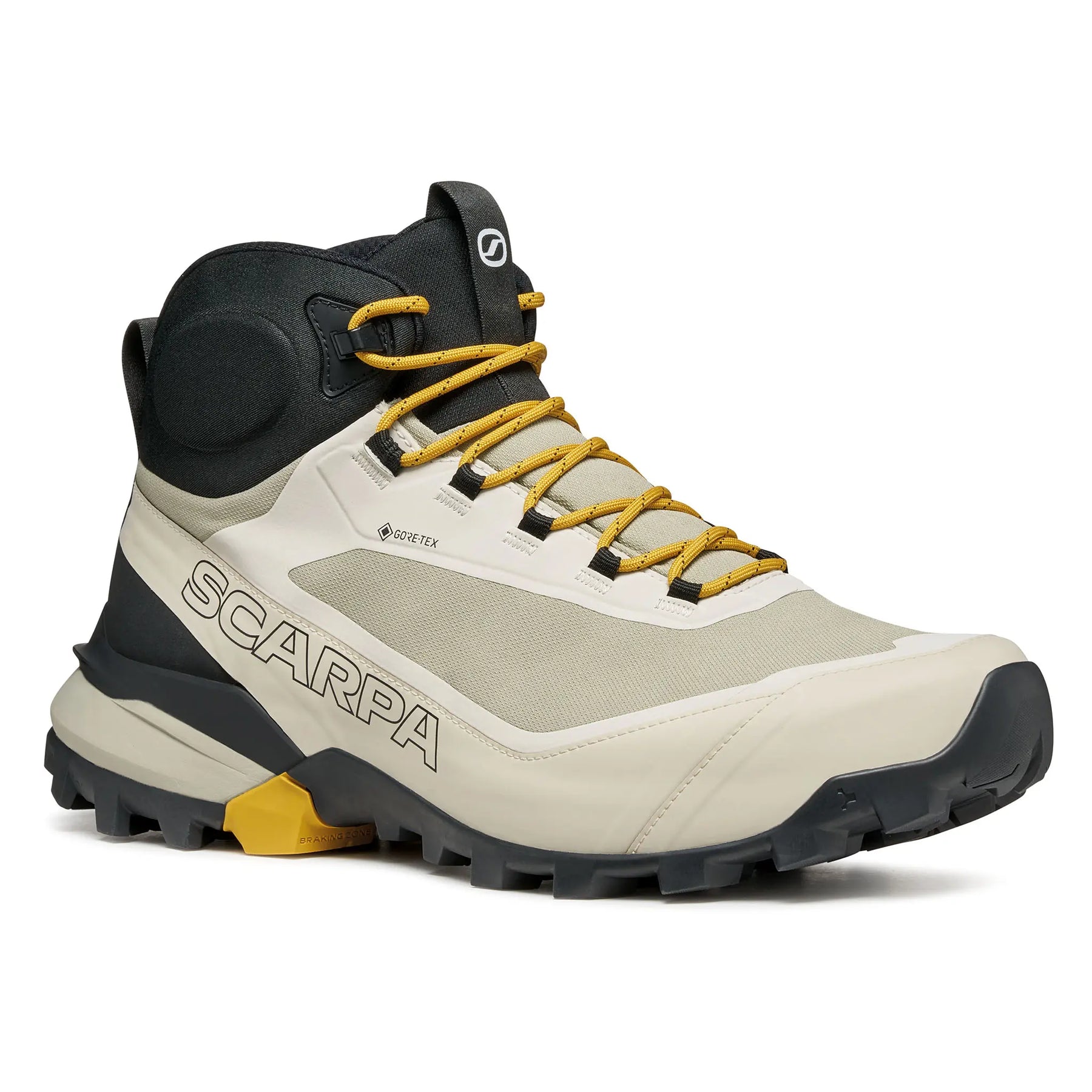 Beige and black hiking boot with yellow accents on a white background