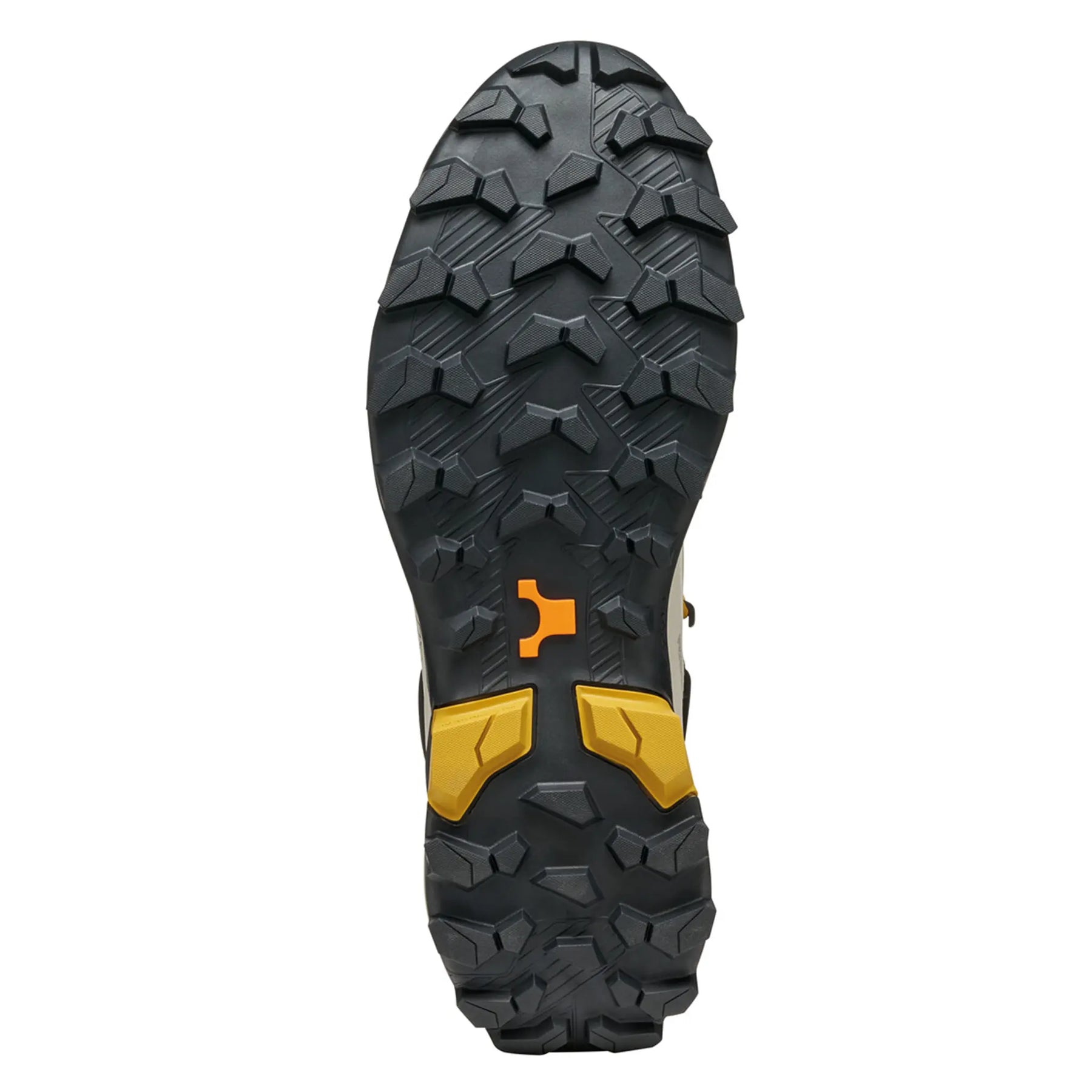 Close-up of a shoe sole with tread pattern and brand logo on a white background