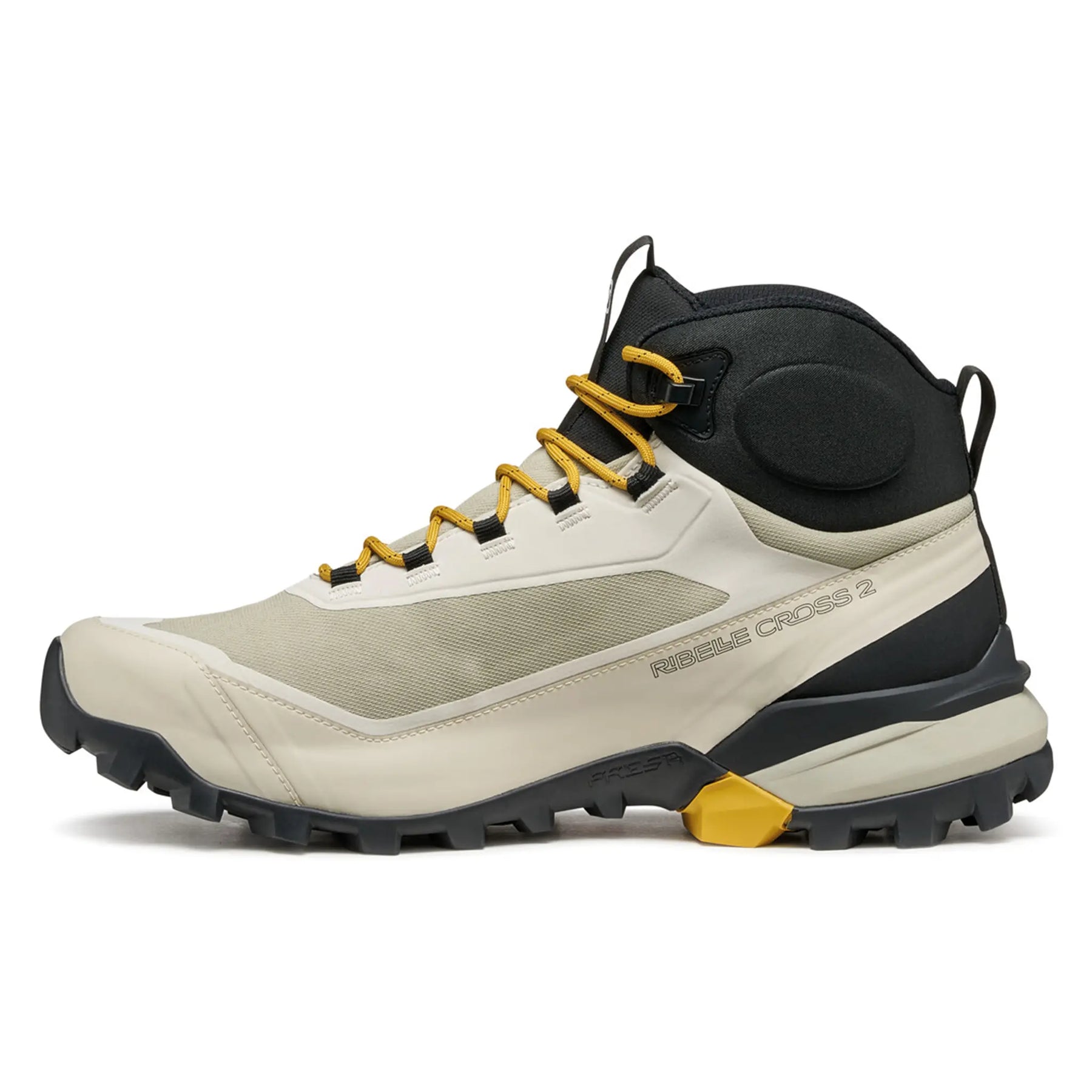 Hiking boot with beige, black, and yellow accents on a white background