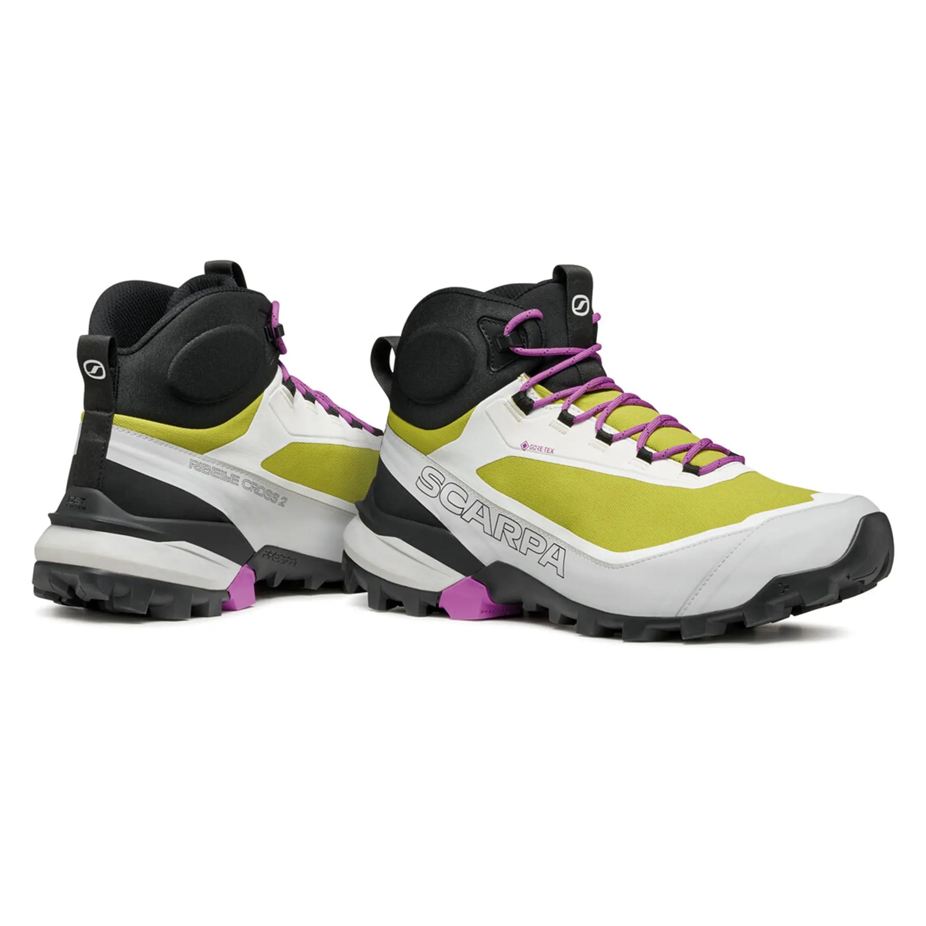 Pair of hiking boots with black, white, green, and purple accents on a white background
