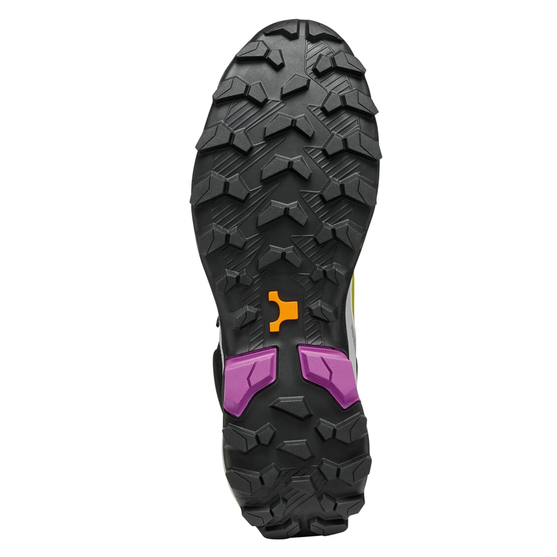 Close-up of a hiking shoe sole with purple accents on a white background