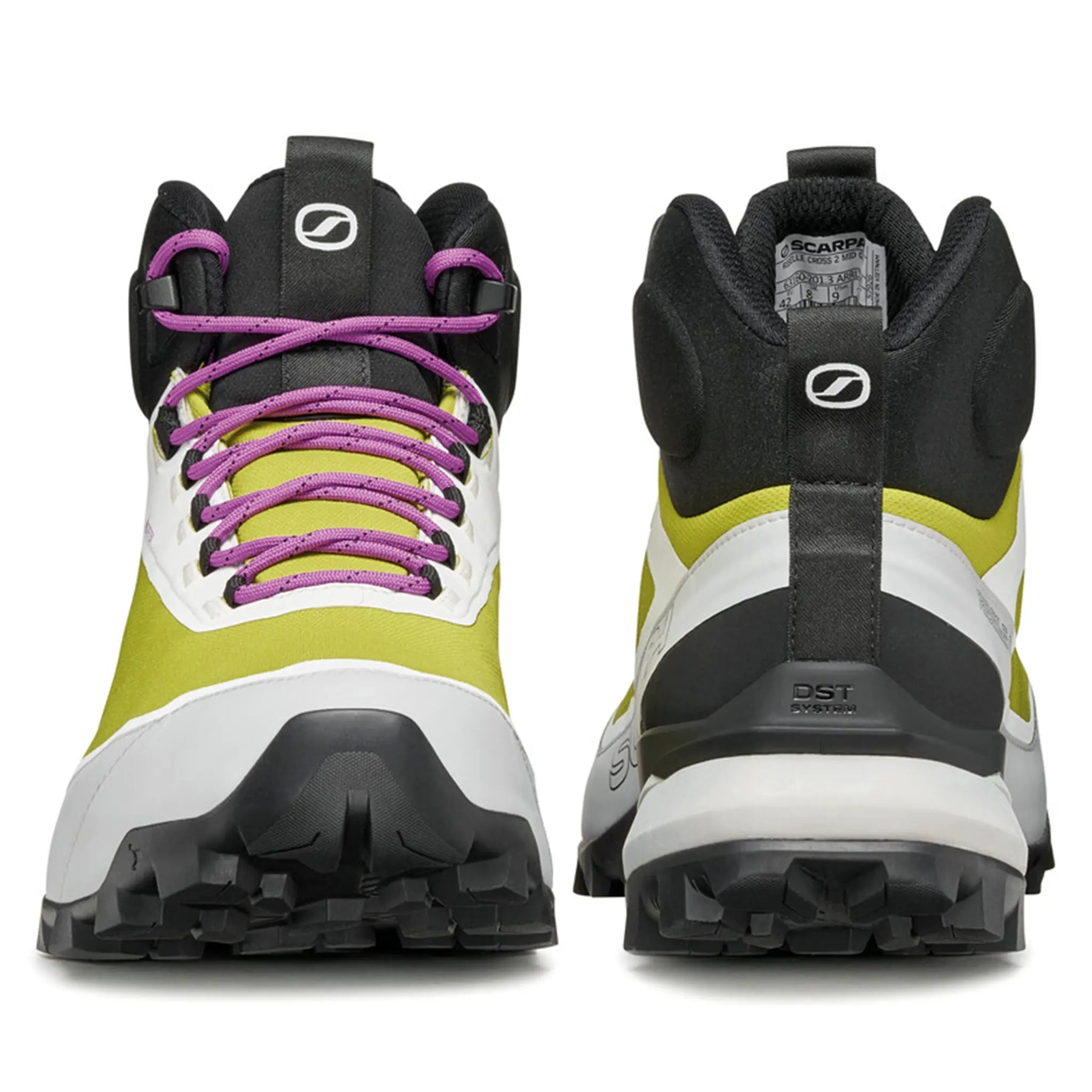 Pair of green and black hiking boots with purple laces on a white background