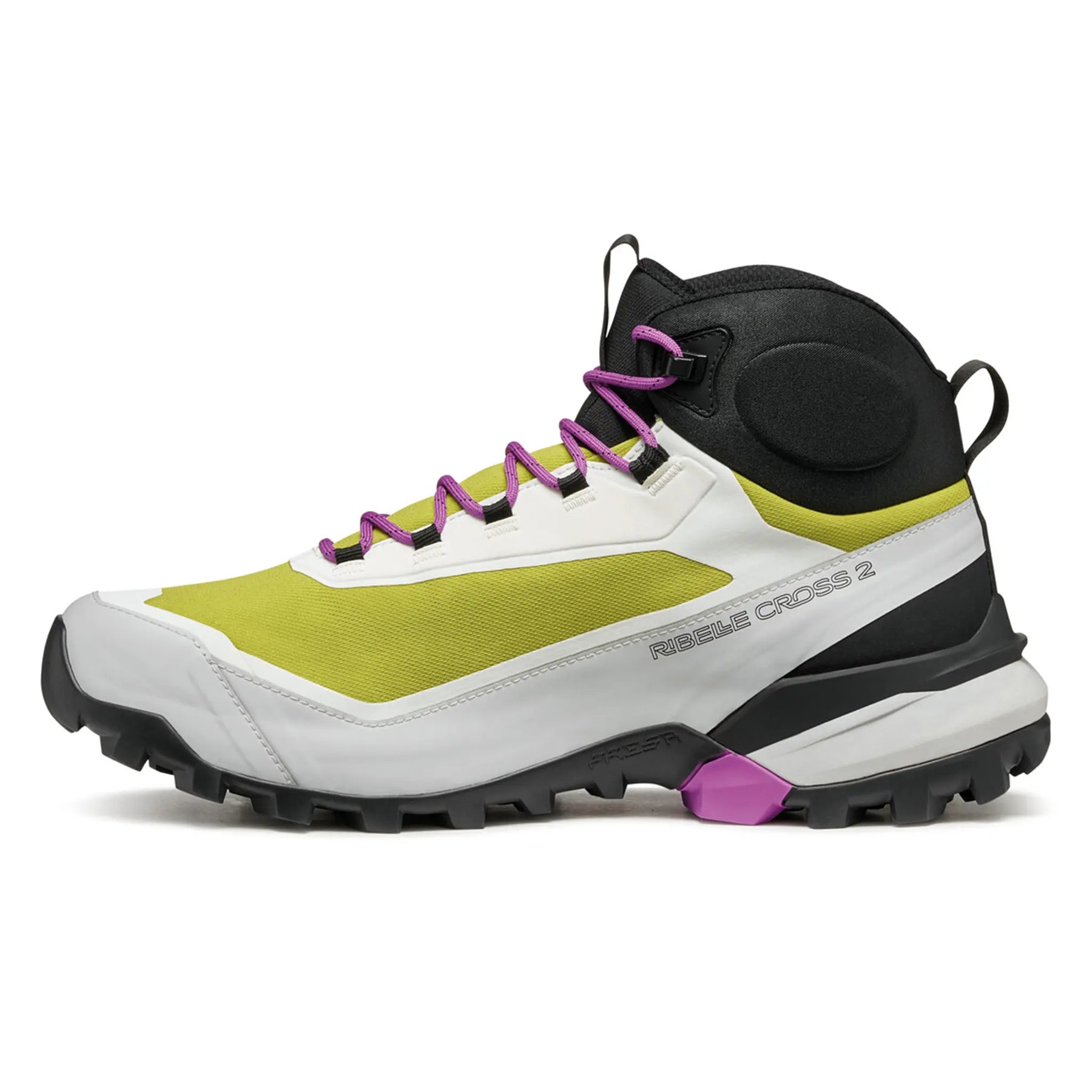 Multicolored athletic shoe with white, green, black, and purple accents on a white background
