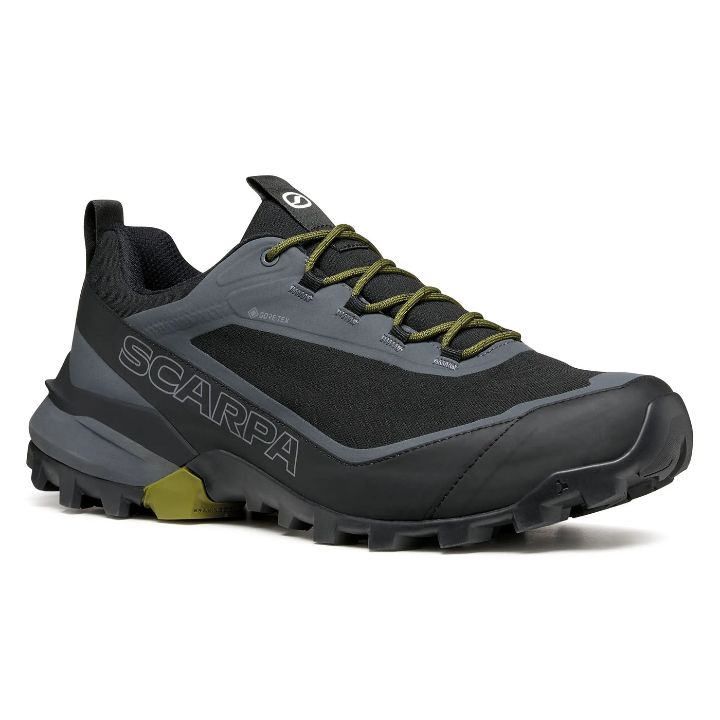 Black and gray hiking shoe with green laces on a white background