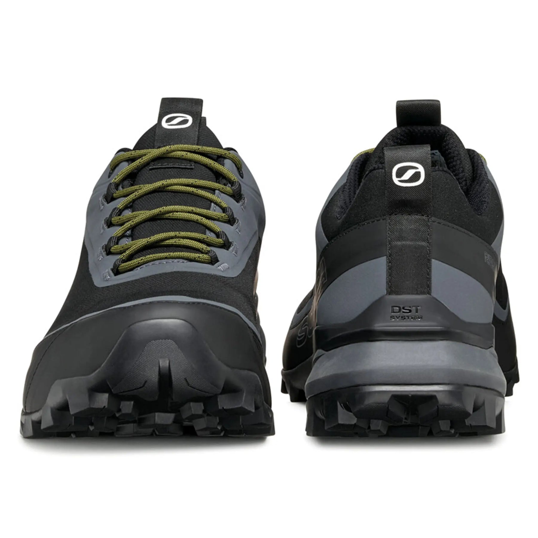 Black and gray hiking shoes with green laces on a white background
