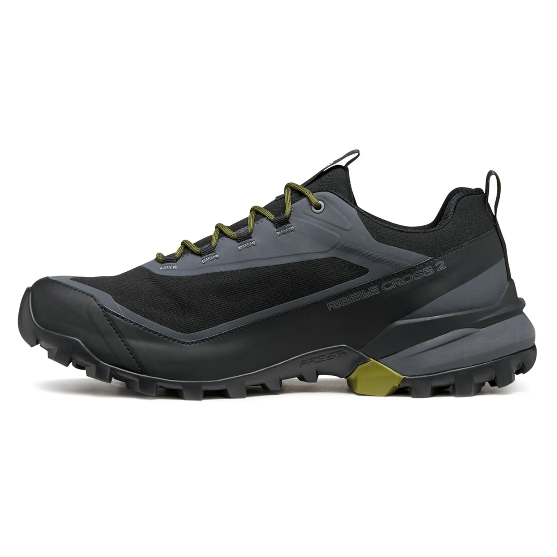 Black and gray trail running shoe with green accents on a white background