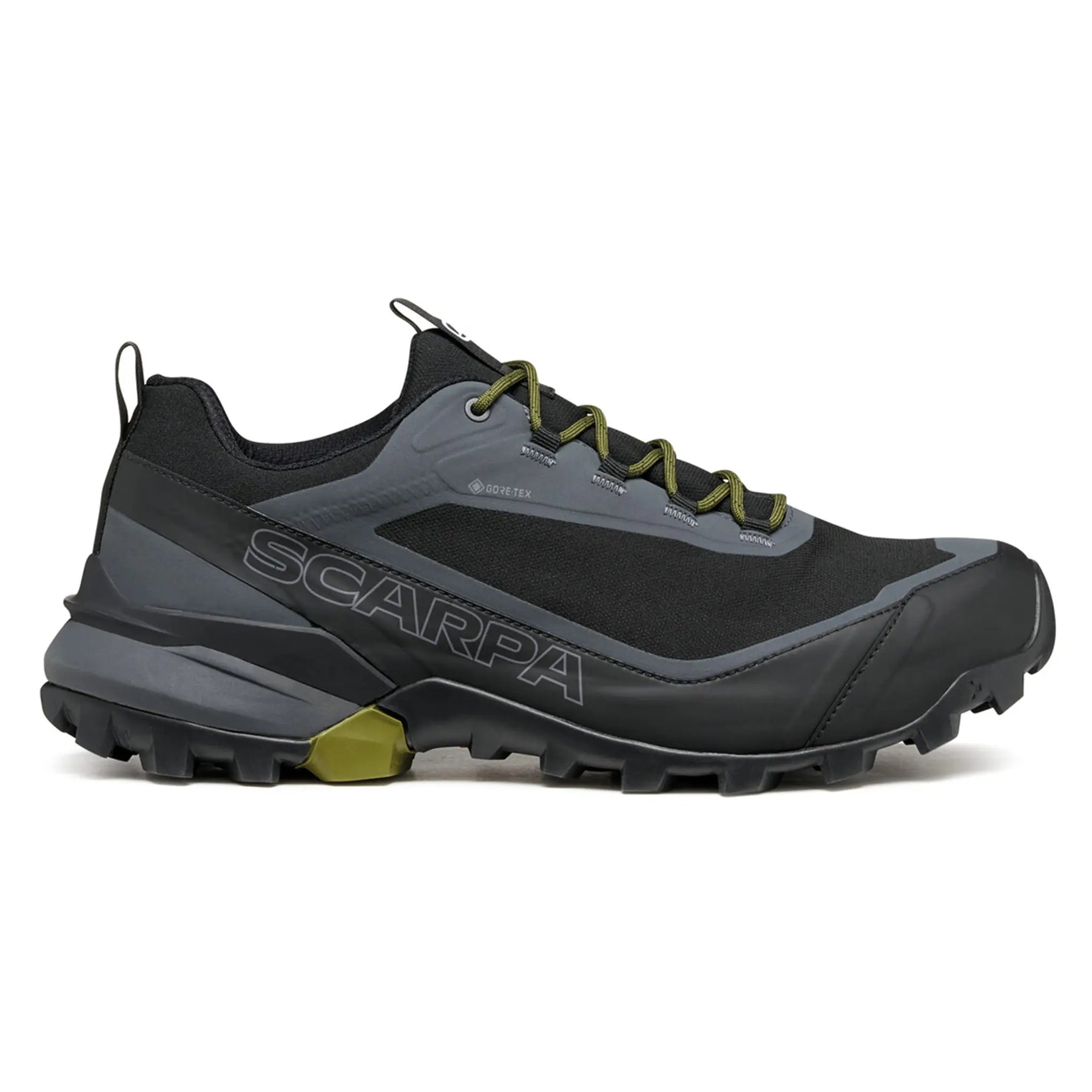 Black and gray hiking shoe with green accents on a white background