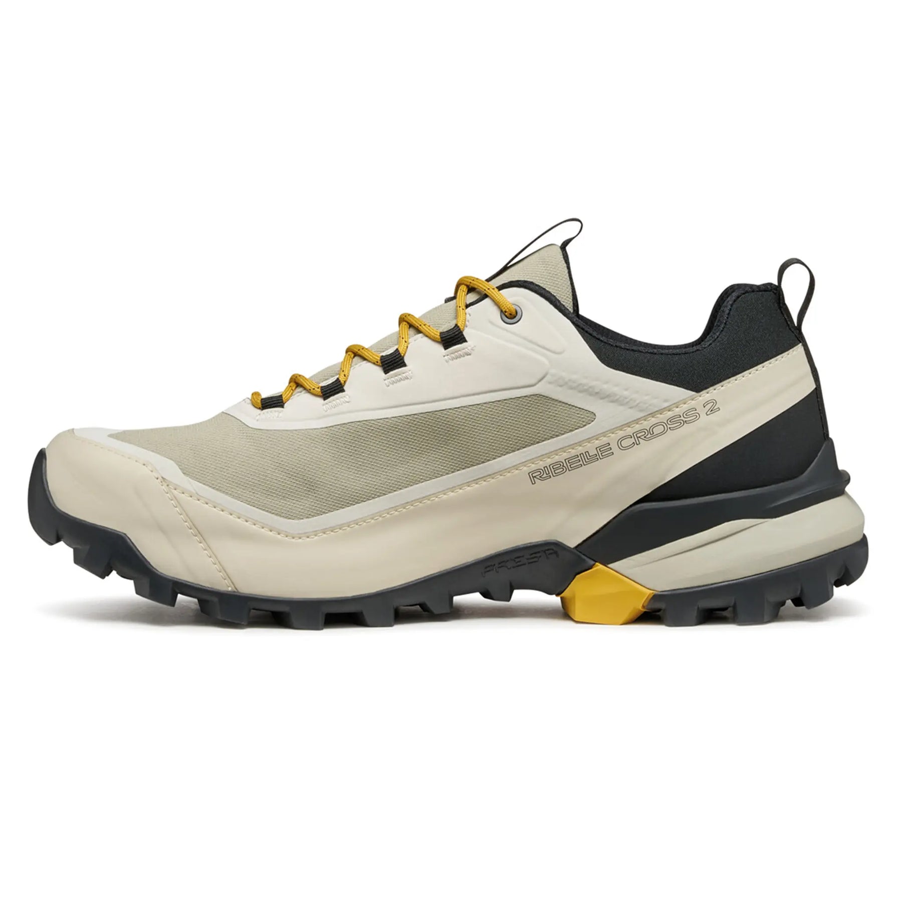 Beige and black hiking shoe with yellow accents on a white background