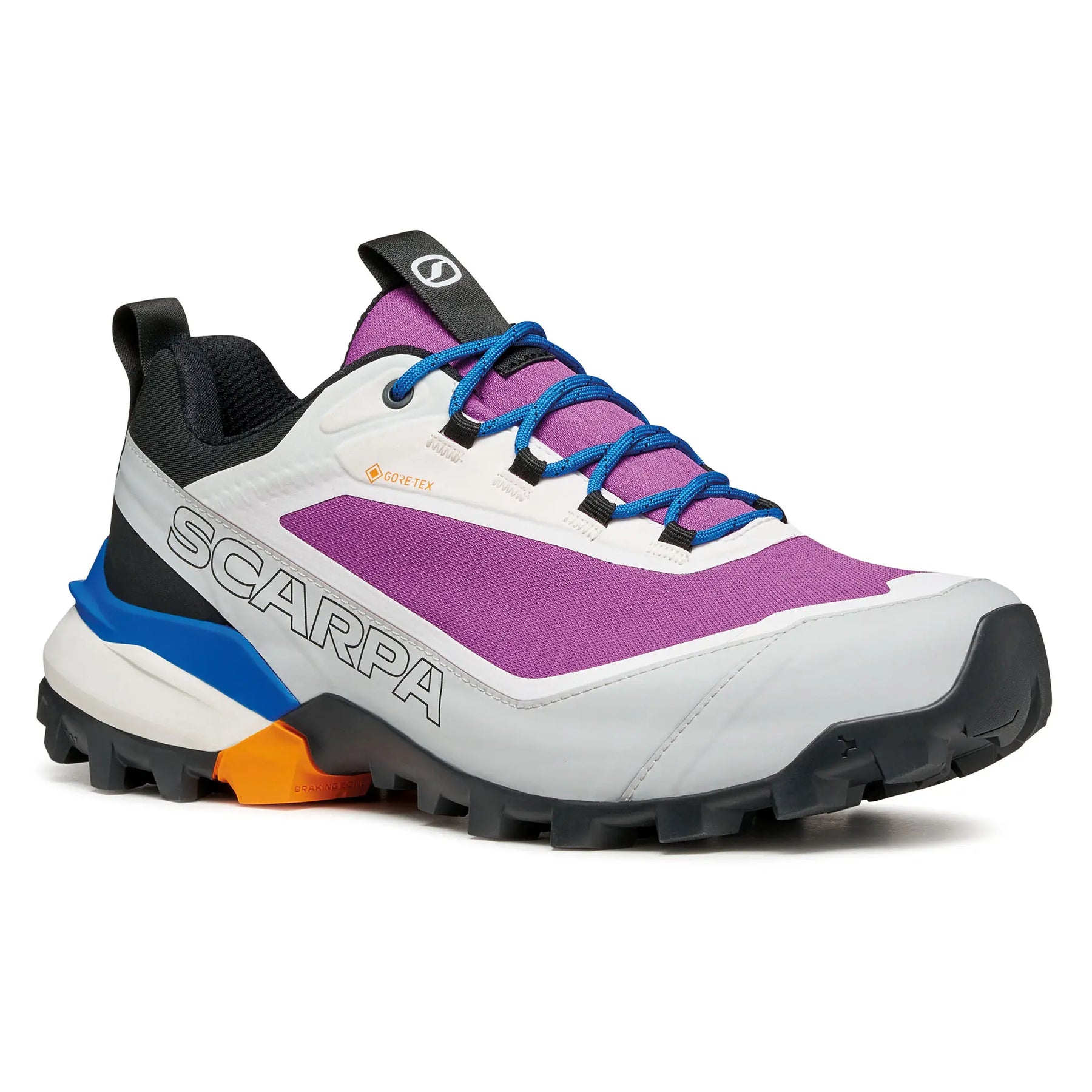Purple and white hiking shoe with blue laces on a white background