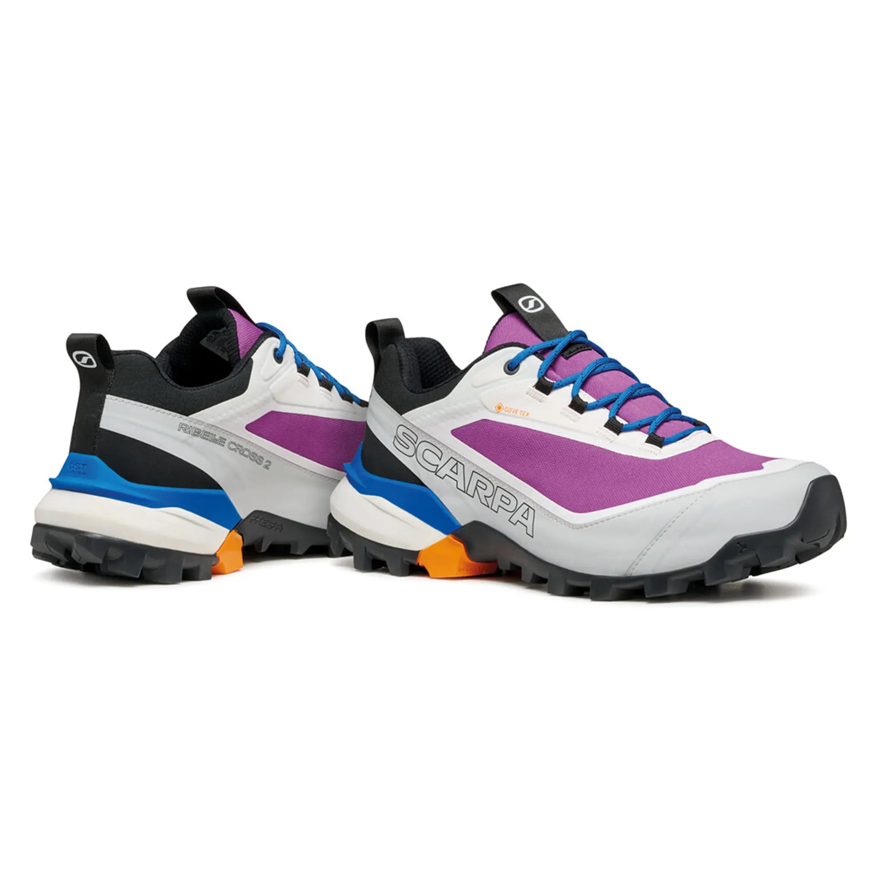 Pair of Scarpa hiking shoes with purple and blue accents on a white background