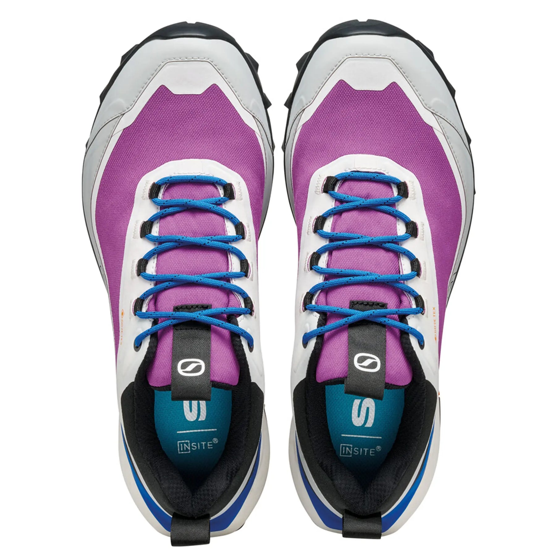 Purple and gray athletic shoes with blue laces on a white background