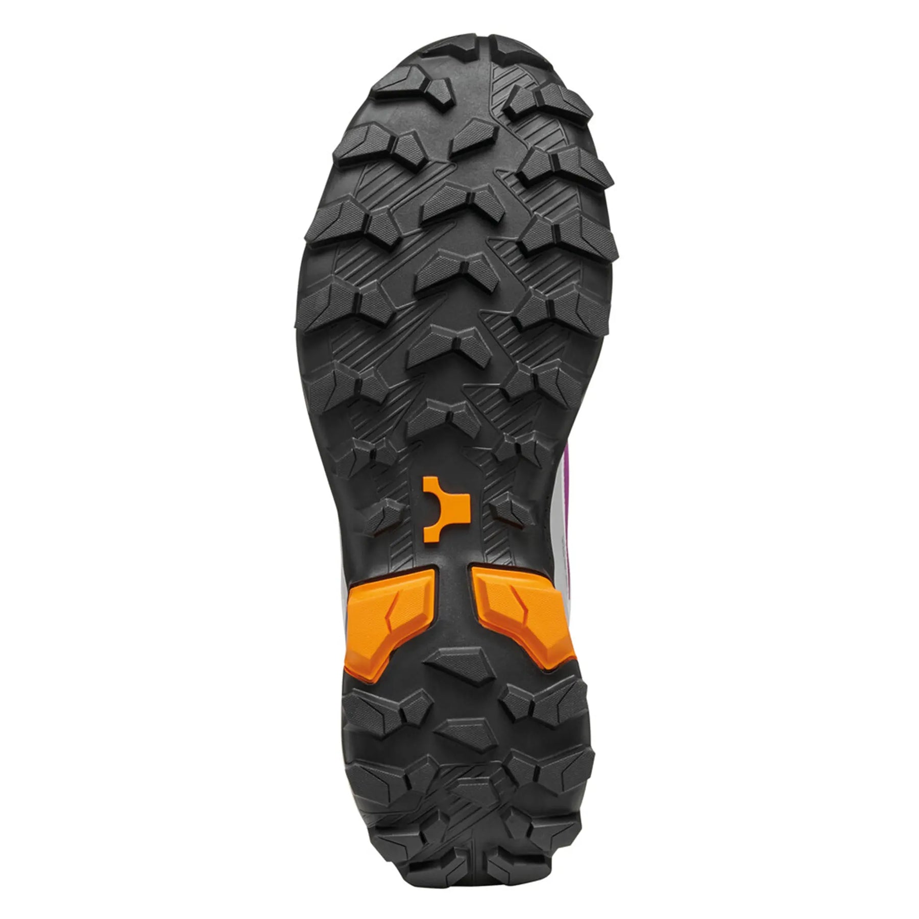 Close-up of a hiking boot sole with orange accents on a white background