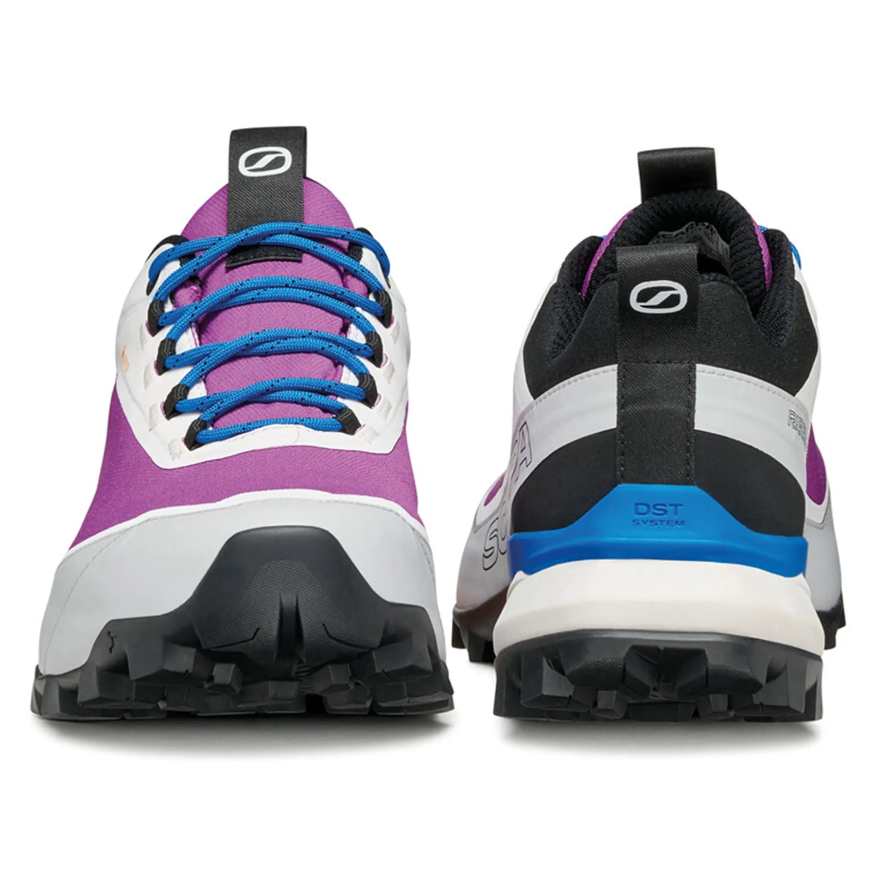 Pair of purple and white shoes with blue laces on a white background