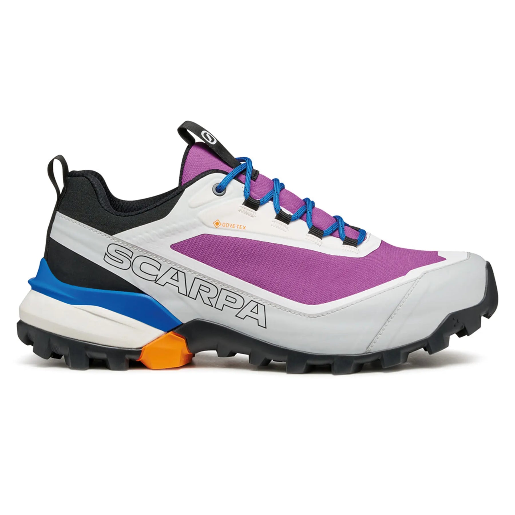 Scarpa hiking shoe with purple and blue accents on a white background
