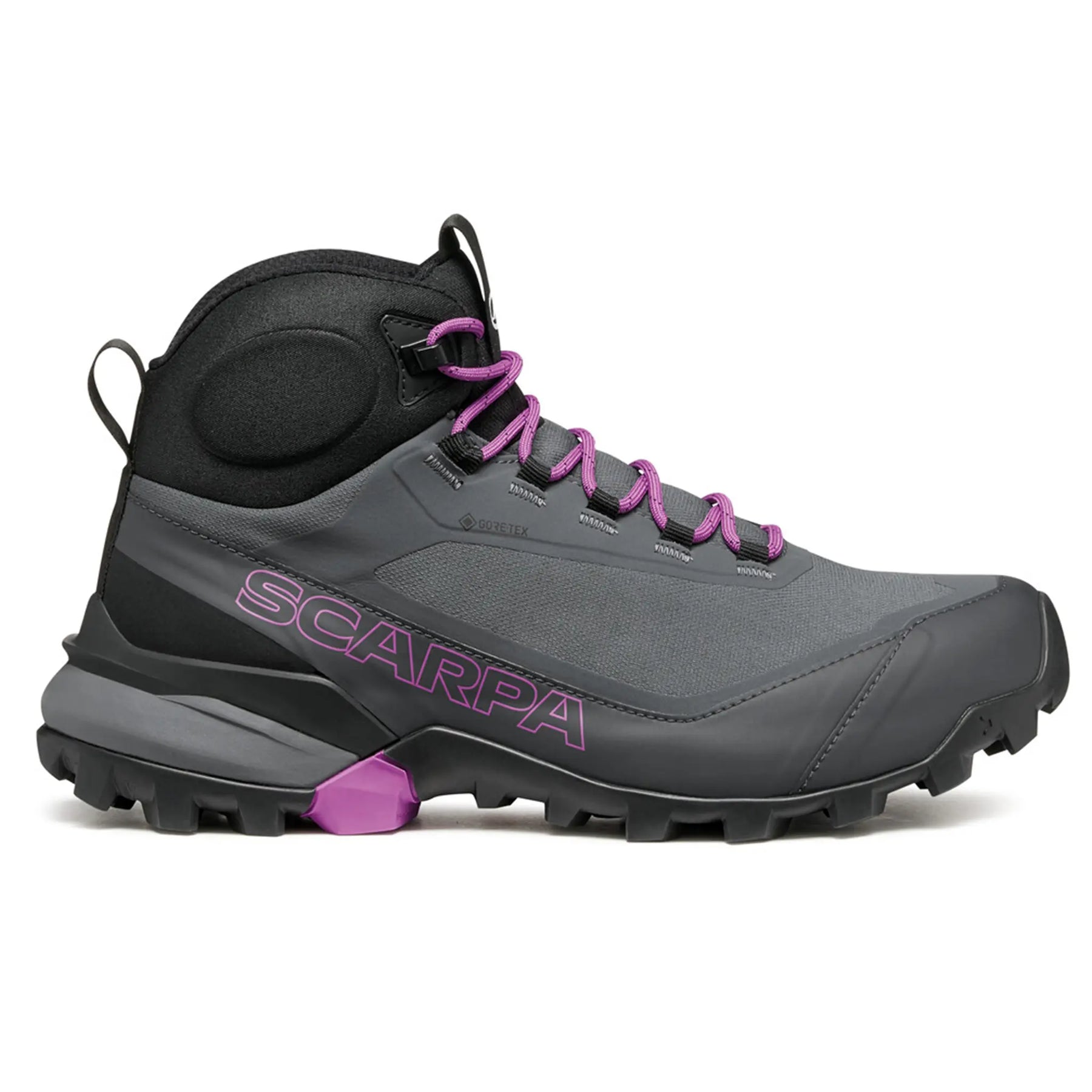Gray hiking boot with purple accents and 'Scarpa' branding on a white background