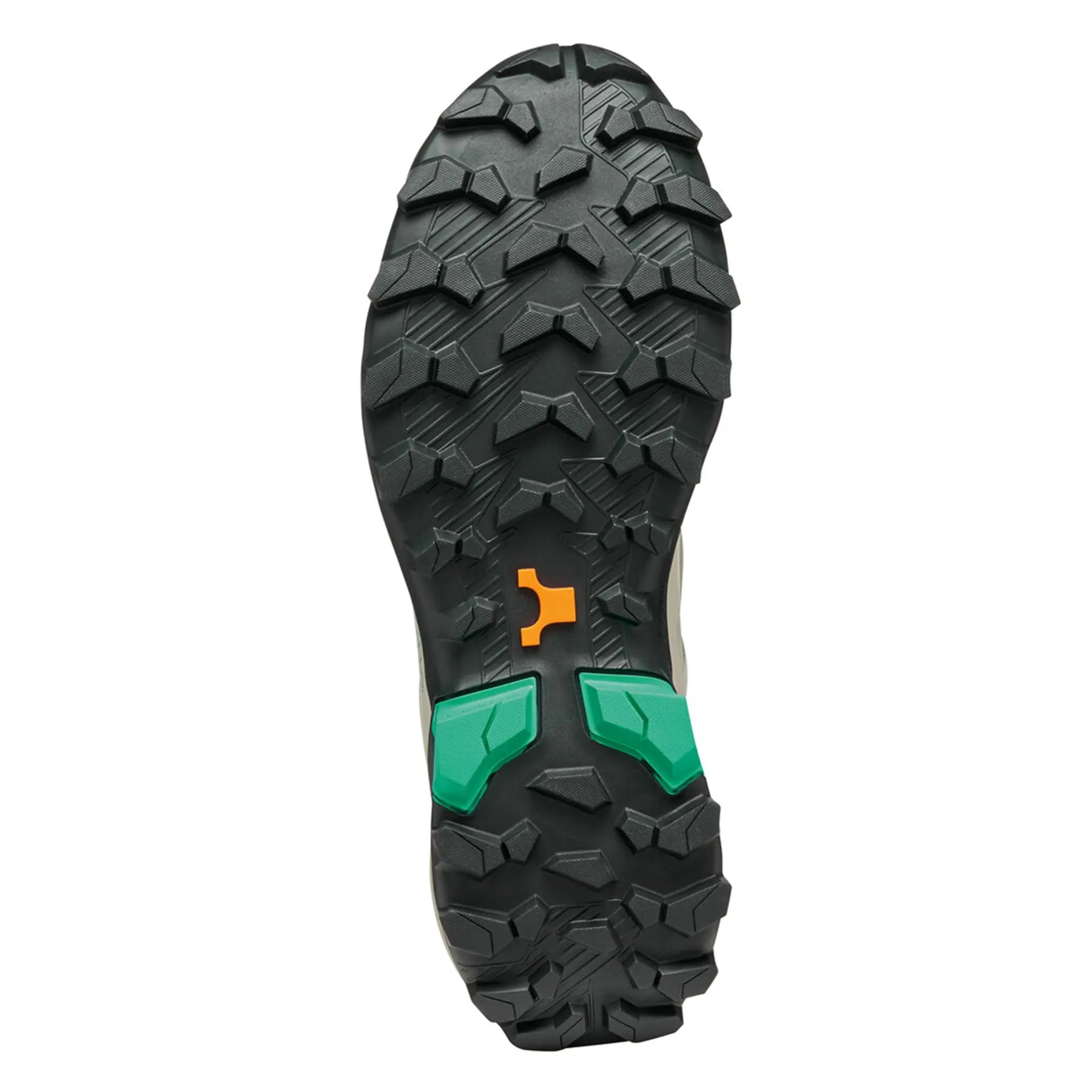 Close-up of a shoe sole with tread pattern and brand logo on a white background