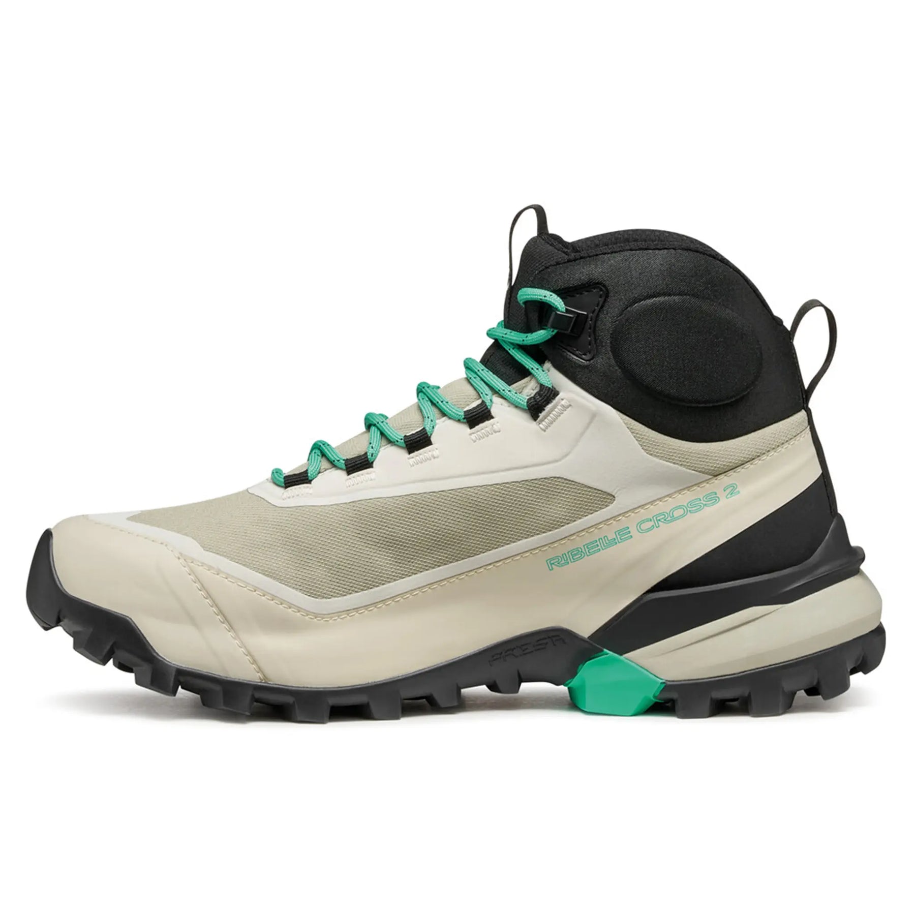 Hiking boot with beige, black, and green color scheme on a white background