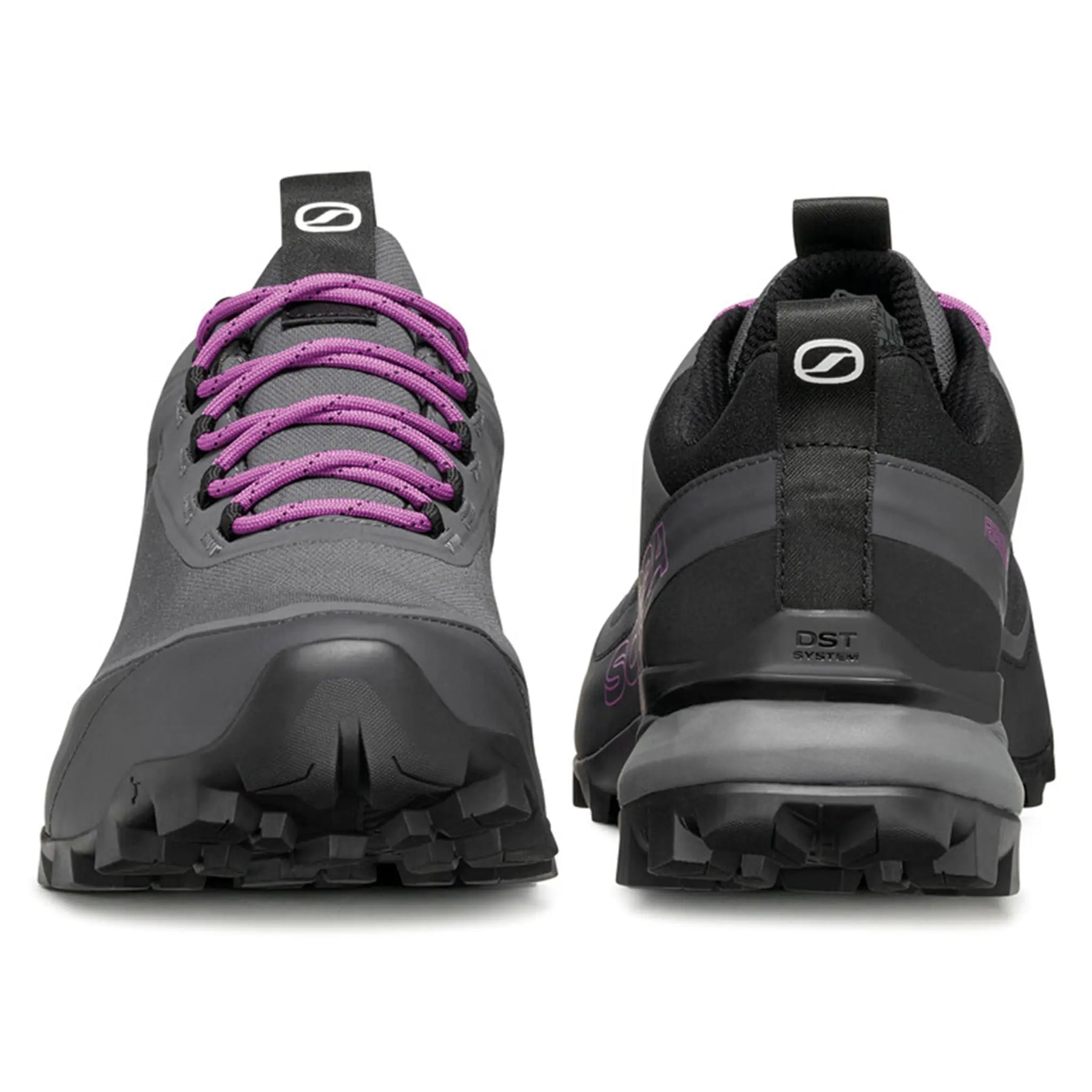 Pair of black and gray shoes with purple laces on a white background