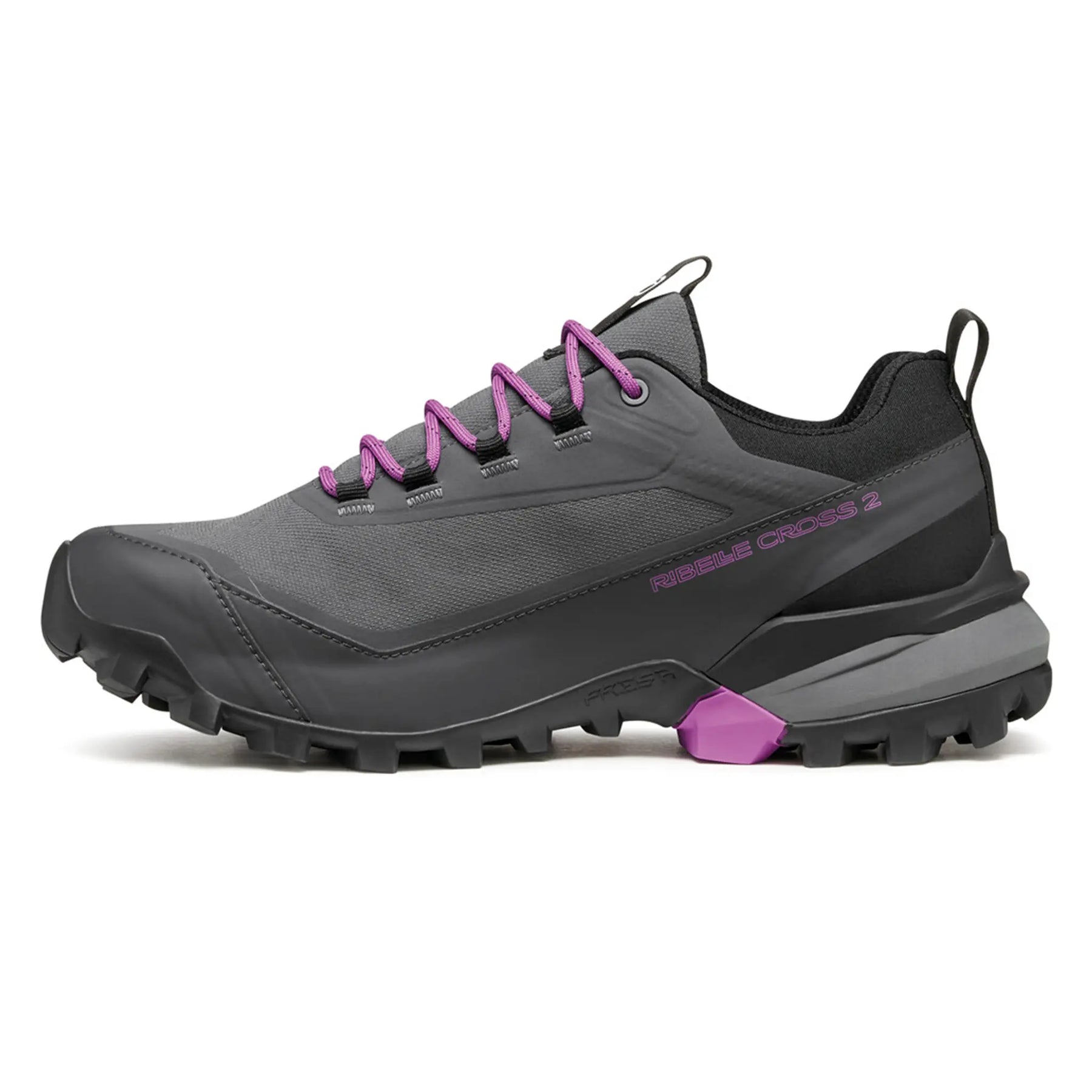 Gray and purple hiking shoe on a white background