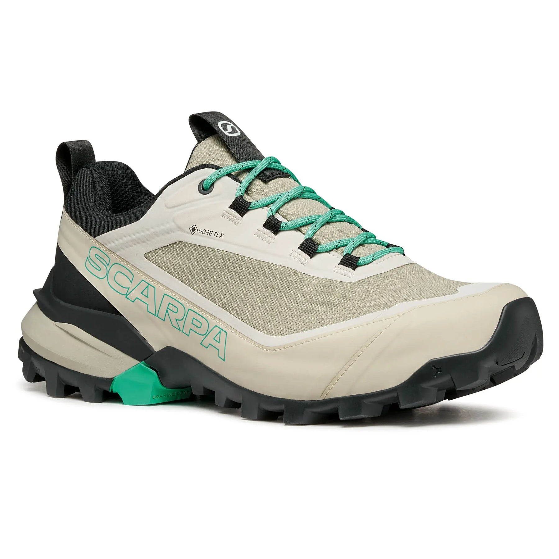 Beige hiking shoe with green accents and 'Scarpa' branding on a white background