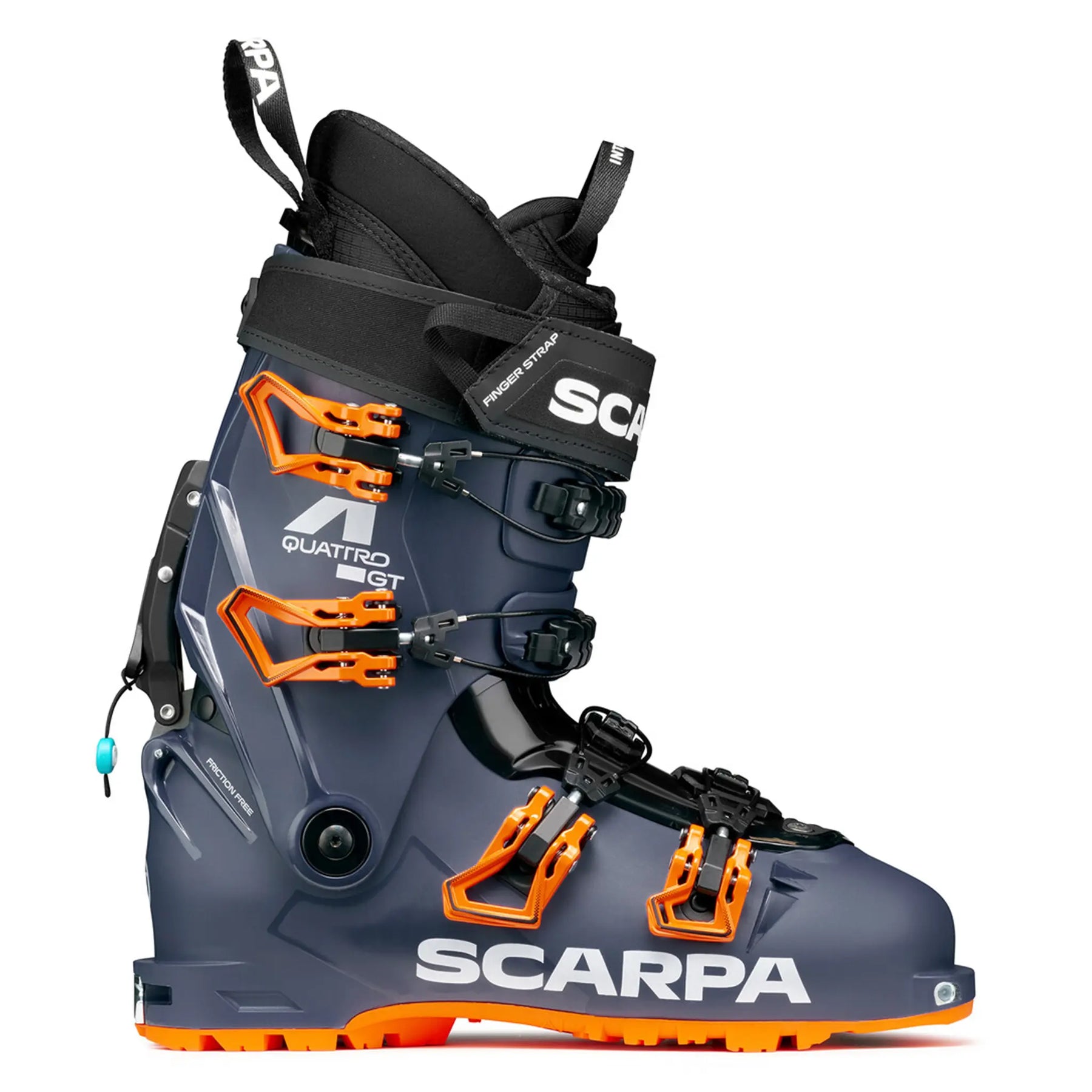 Gray and orange ski touring boot with Scarpa branding on a white background. Made in Italy