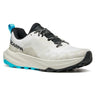 White SCARPA running shoe with black and blue accents on a white background
