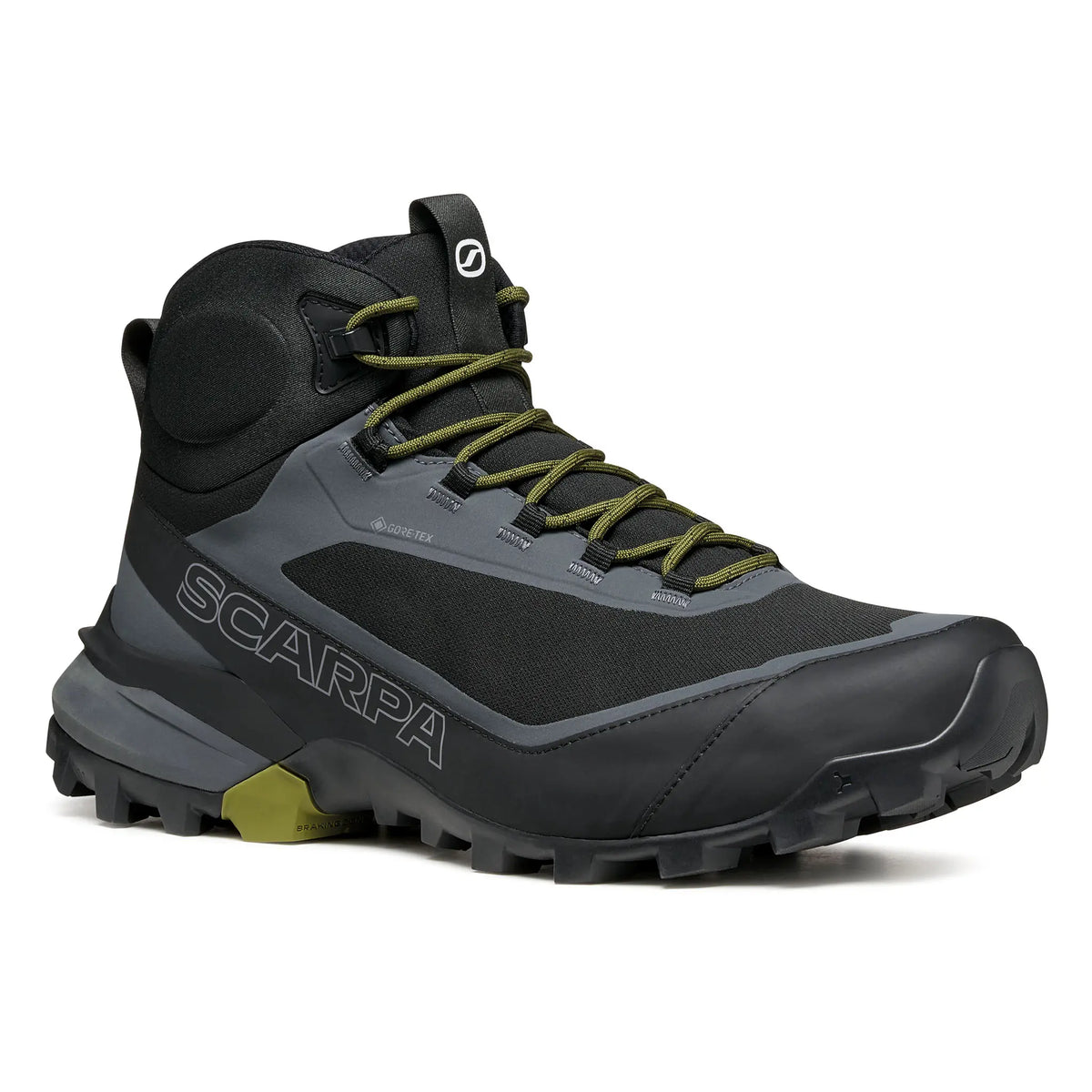 Black and gray hiking boot with green accents on a white background