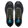 Black and gray hiking boots with green laces on a white background