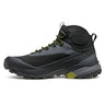 Black and gray hiking boot with green accents on a white background