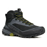 Black and gray hiking boot with green accents on a white background