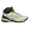 Beige hiking boot with yellow accents and 'Scarpa' branding on a white background