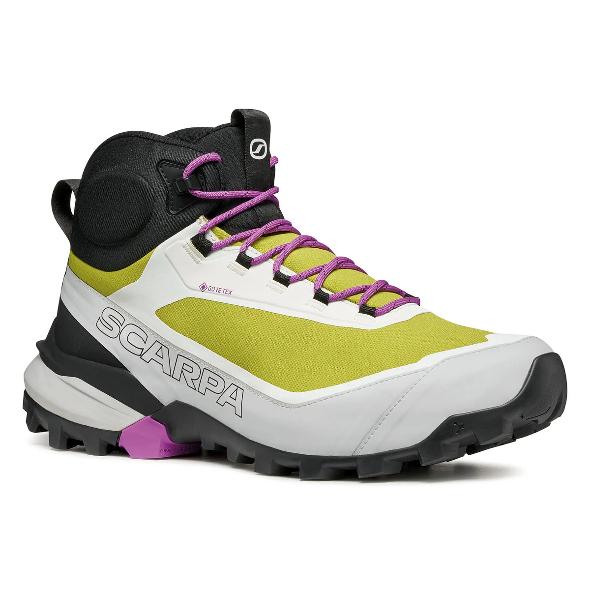 SCARPA Hiking boot with green, white, and black color scheme on a white background