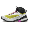 Multicolored athletic shoe with white, green, black, and purple accents on a white background