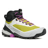SCARPA Hiking boot with green, white, and black color scheme on a white background
