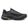Black and gray hiking shoe with green accents on a white background