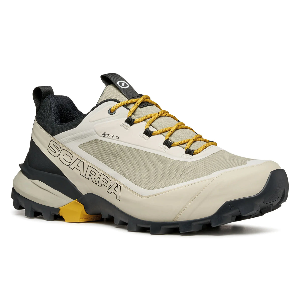Beige hiking shoe with yellow accents and 'Scarpa' branding on a white background