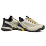 Pair of beige and black hiking shoes with yellow accents on a white background, featuring the Scarpa brand.