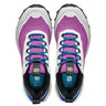 Purple and gray athletic shoes with blue laces on a white background