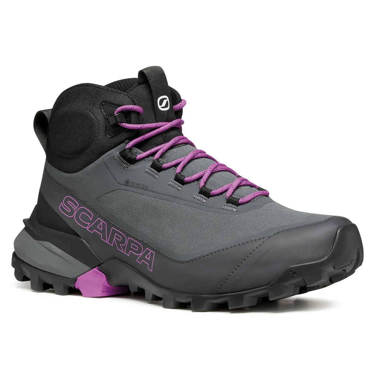 Gray hiking boot with purple laces and accents on a white background