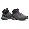 Gray hiking boots with purple accents and Scarpa branding on a white background