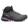 Gray hiking boot with purple accents and 'Scarpa' branding on a white background