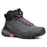 Gray hiking boot with purple laces and accents on a white background