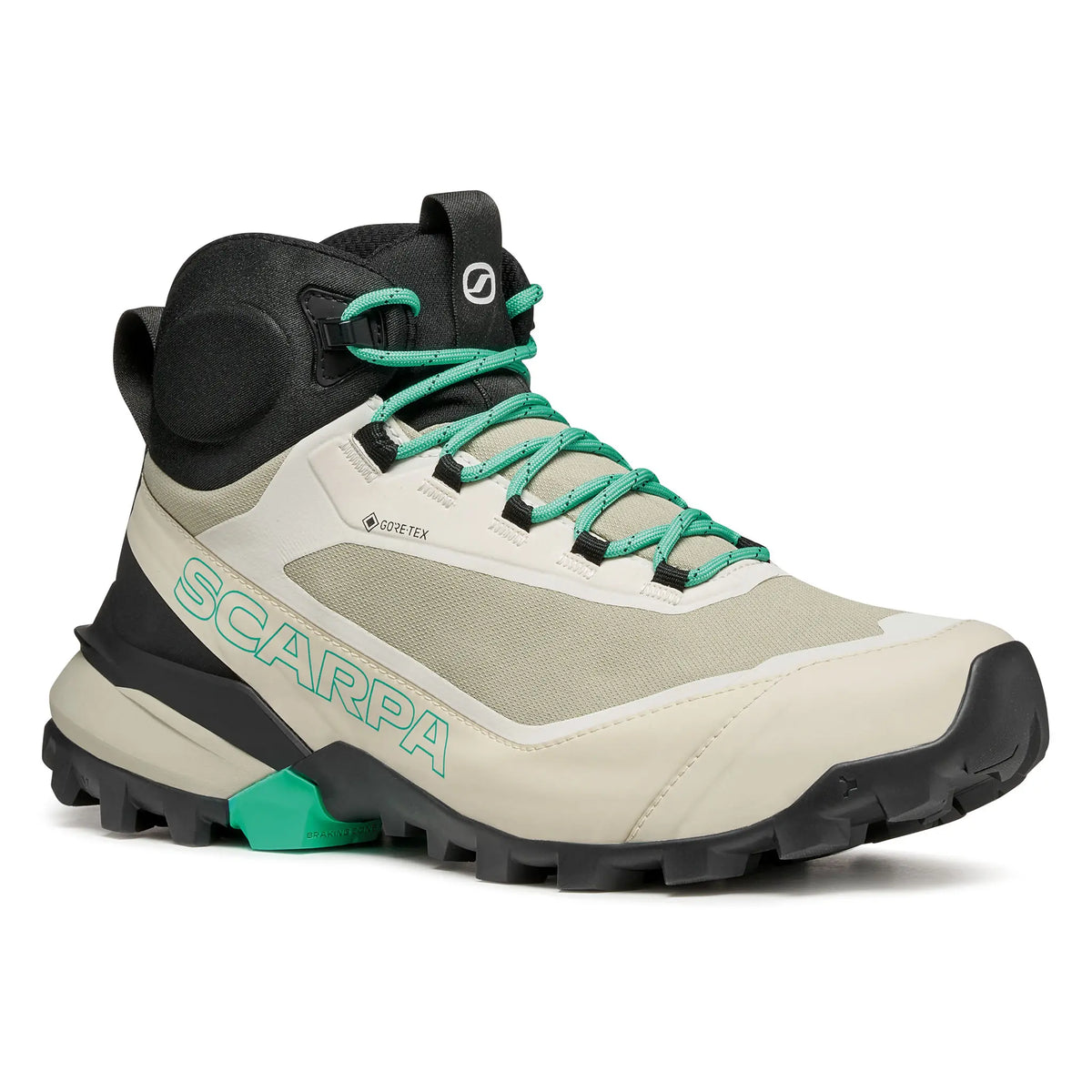 Beige lightweight hiking boot with green laces and sole on a white background