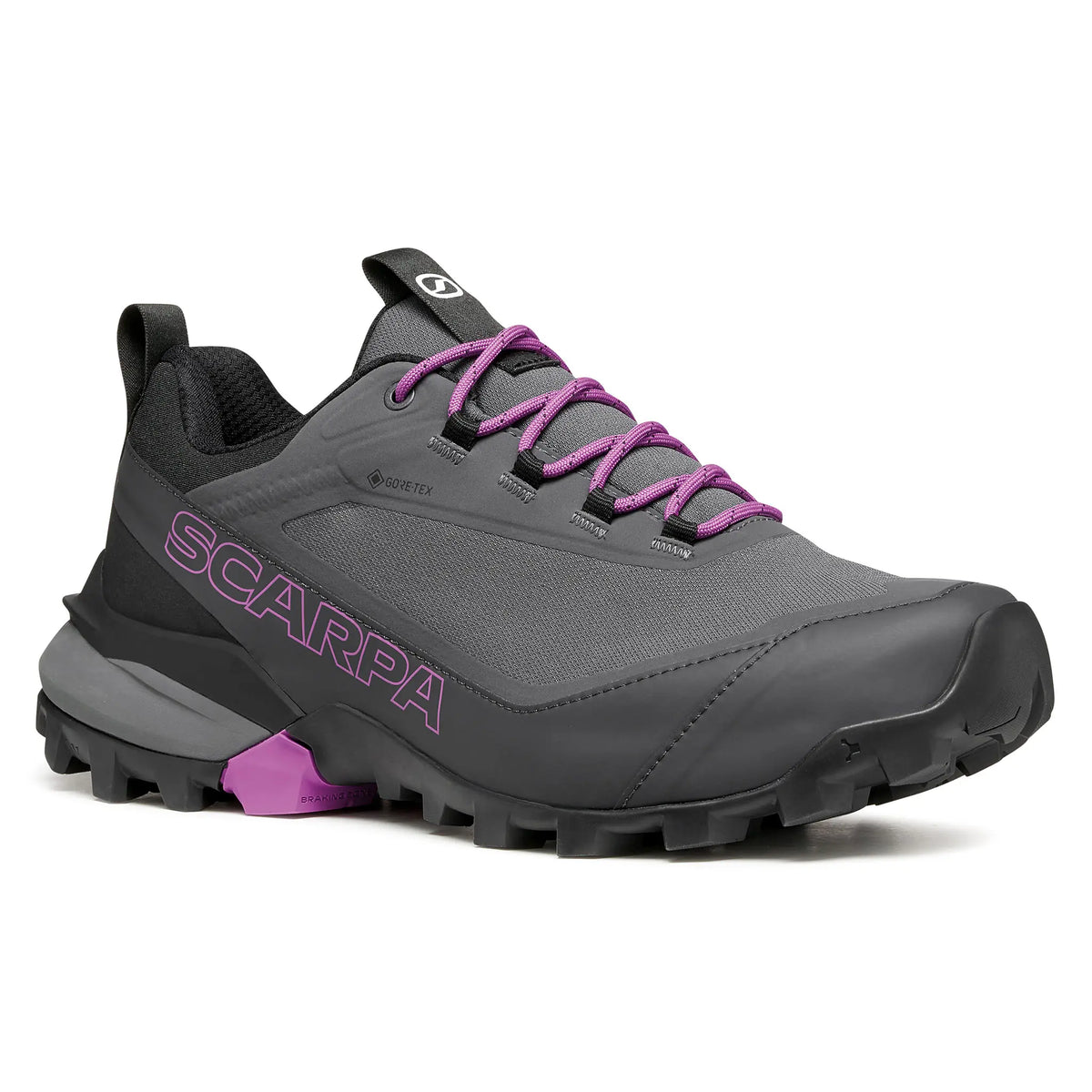 Gray hiking shoe with purple accents on a white background
