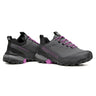 Pair of gray and black shoes with purple accents on a white background